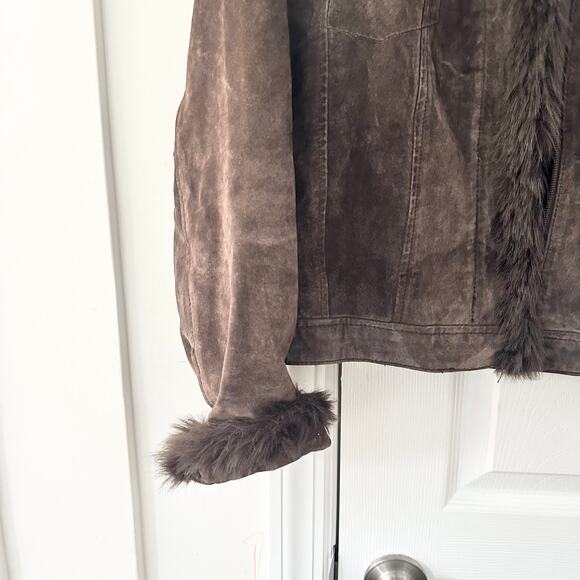 Coldwater Creek Chocolate Brown Suede Fur Trim Zip Trucker Jacket Y2K Vintage L - Picture 3 of 9